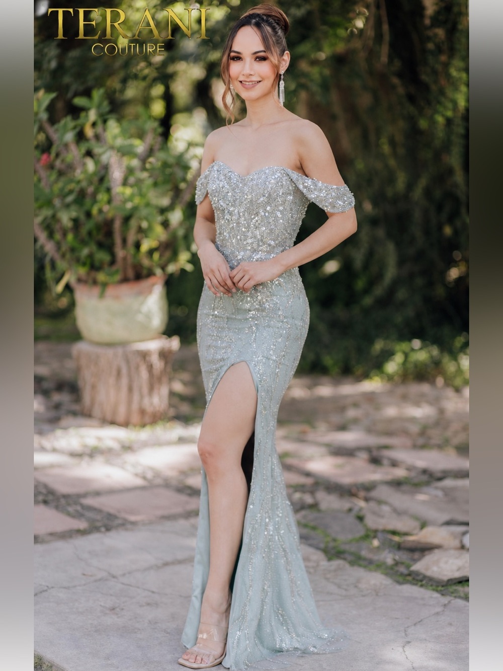 Terani Coutre Off-Shoulder Sequin Evening Gown